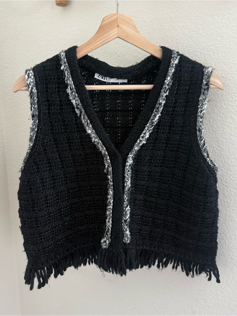 ZARA boho whimsigoth western layering Black Tweed Knit Fringe crop Vest Metallic